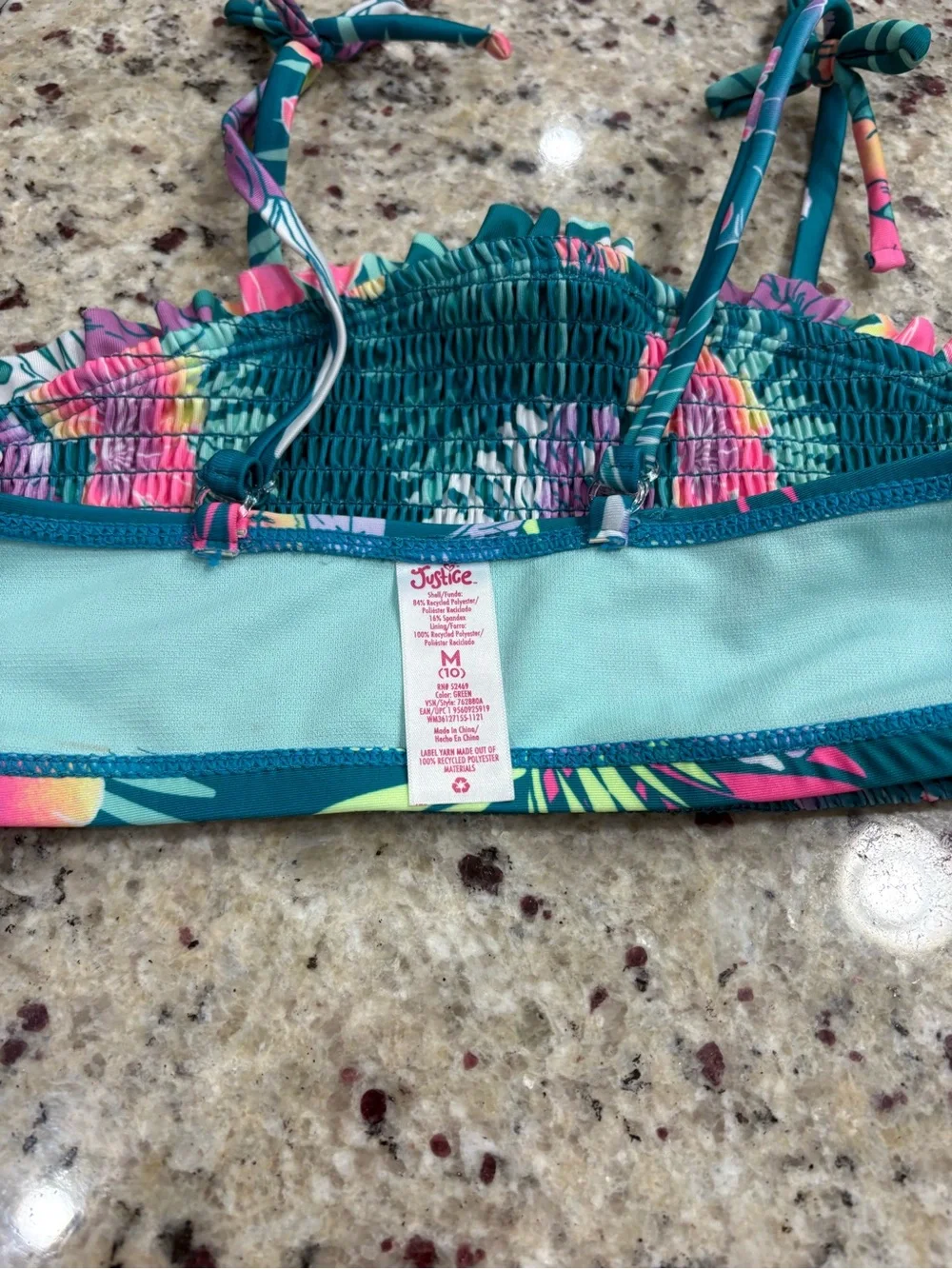 Justice green floral print bikini swimsuit top in girls size Medium 10 GUC